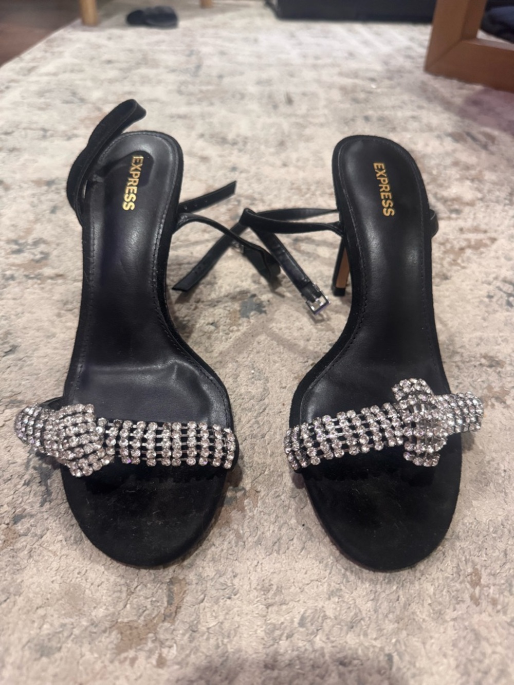 Express Black Strappy Heels with Crystal Knot Accent